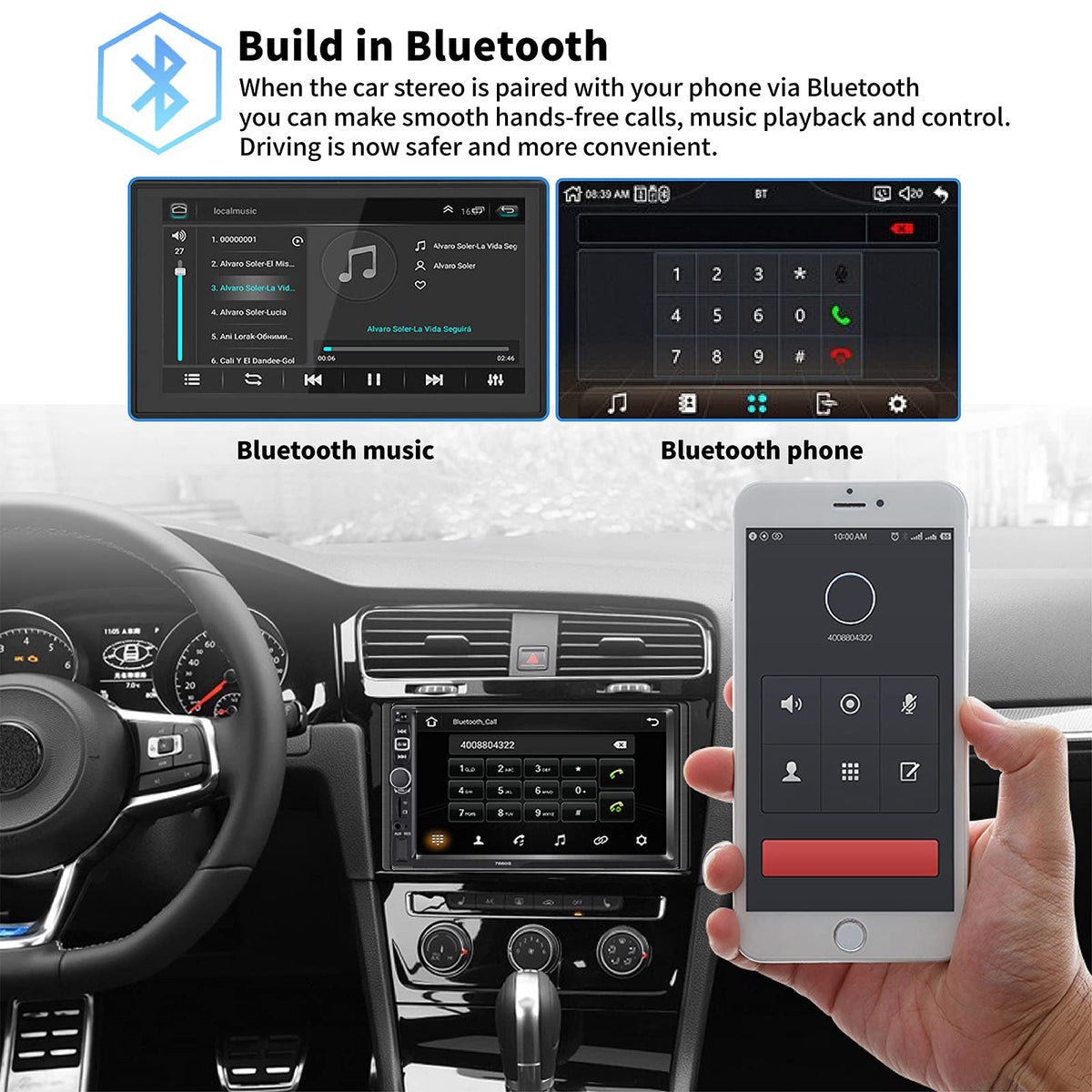 SANPTENT capacitive 7-inch DIN screen with responsive touch.
