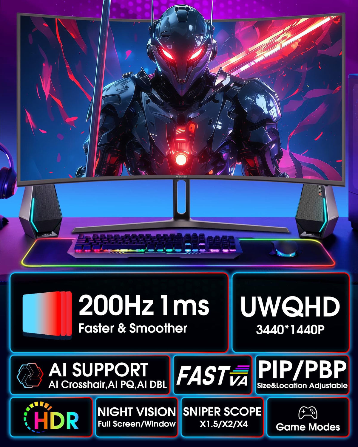 SANSUI 200Hz fast VA panel enables smooth gameplay and rapid response.