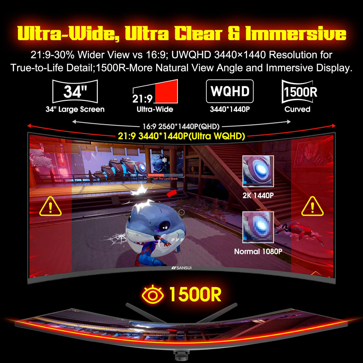 SANSUI 21:9 ultrawide monitor offering wide perspective for racing and flight sims.