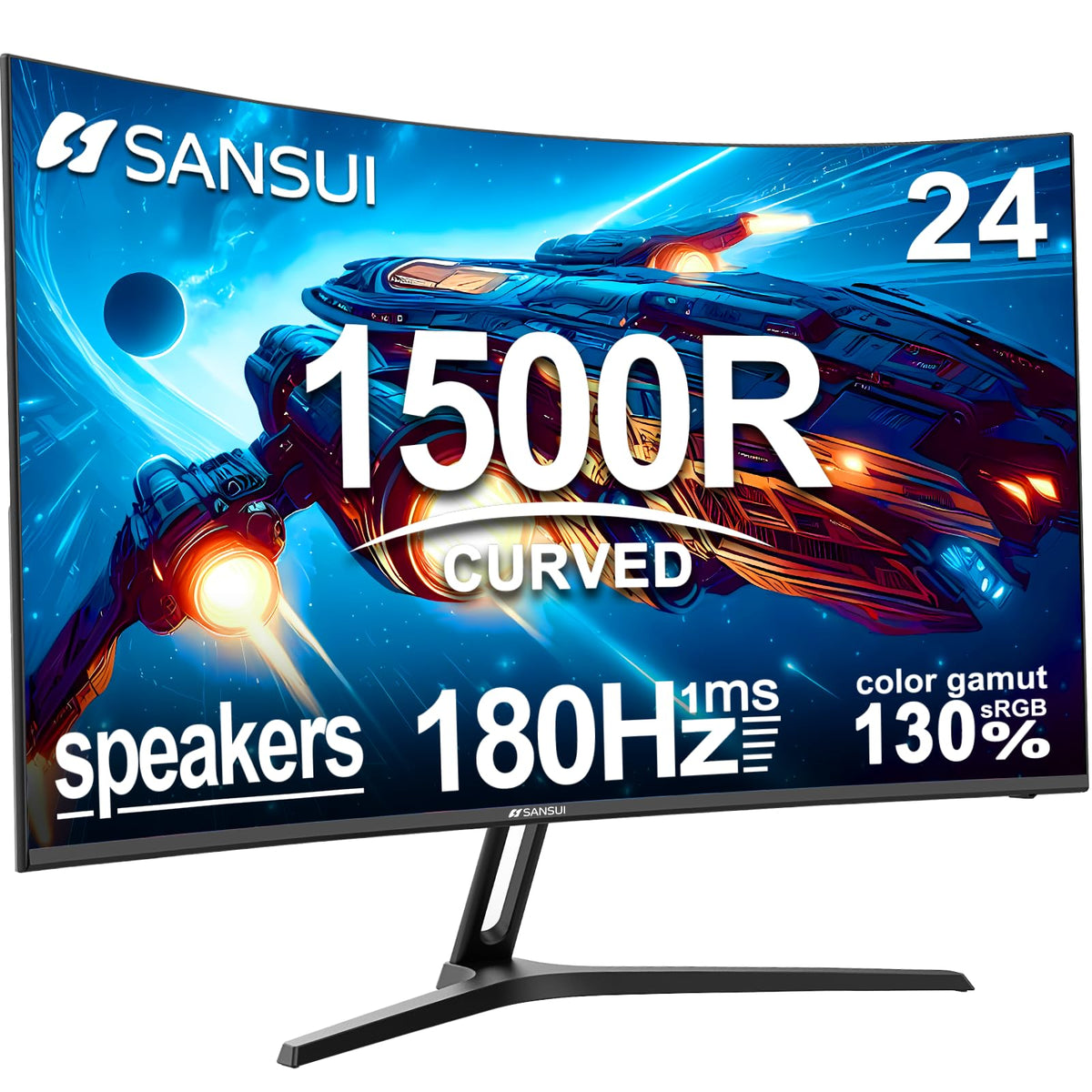 SANSUI 24-inch curved monitor front view for immersive gaming and productive work