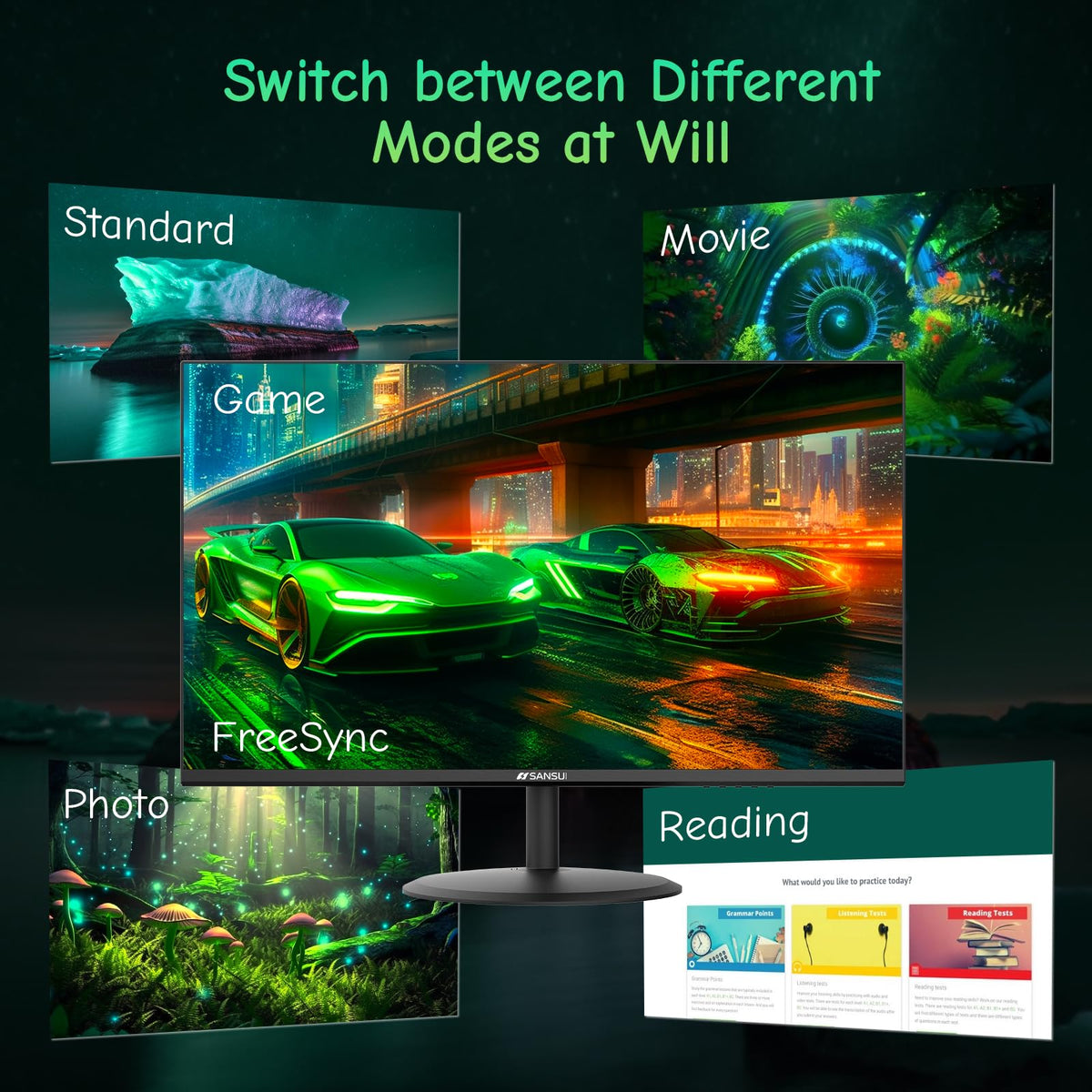 SANSUI 24-inch display with 178° viewing angles for wide visibility from any seat.