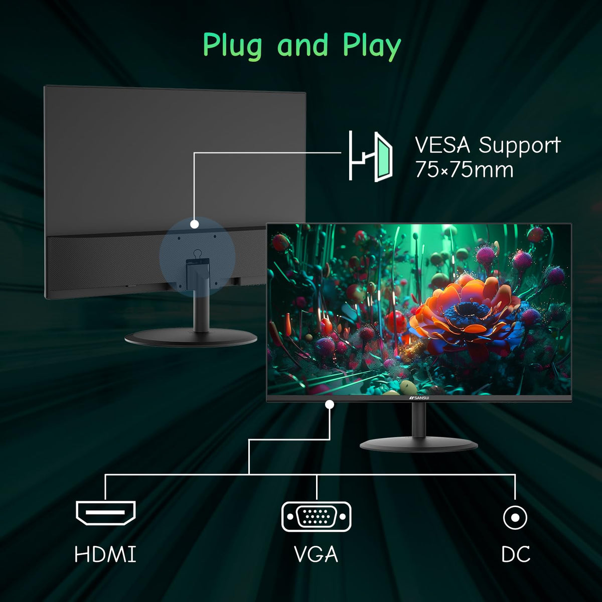 SANSUI 24-inch monitor shows HDMI and VGA ports for versatile connectivity.