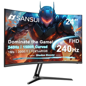 SANSUI 24-inch curved monitor front view showing immersive curved screen for gaming