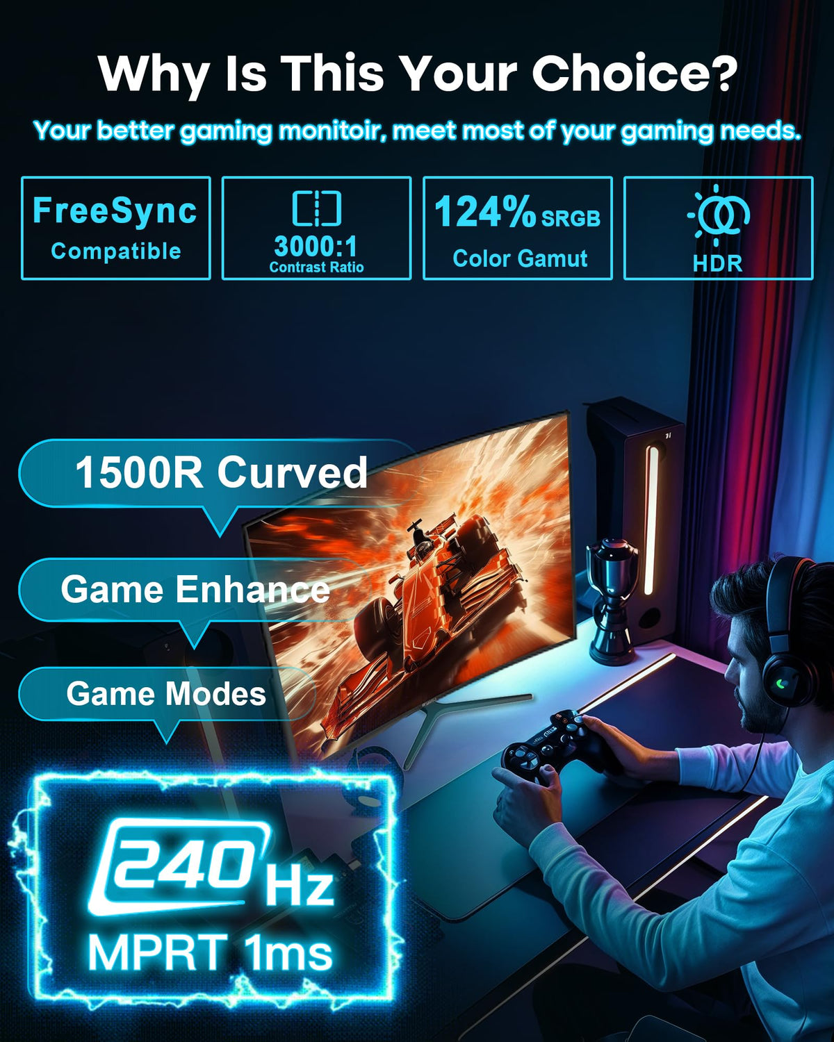 SANSUI 24-inch curved monitor side tilt highlights ergonomic adjustment for comfortable play