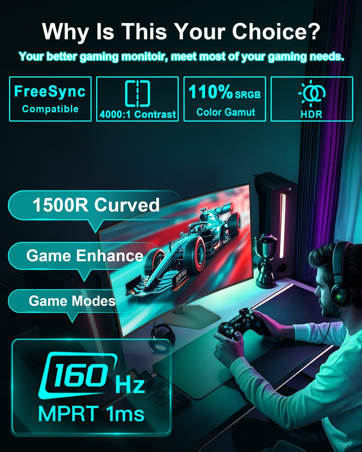SANSUI 27-inch curved monitor highlights 1500R curvature for wraparound immersion.