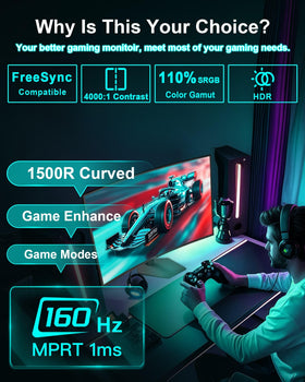 SANSUI 27-inch curved monitor highlights 1500R curvature for wraparound immersion.