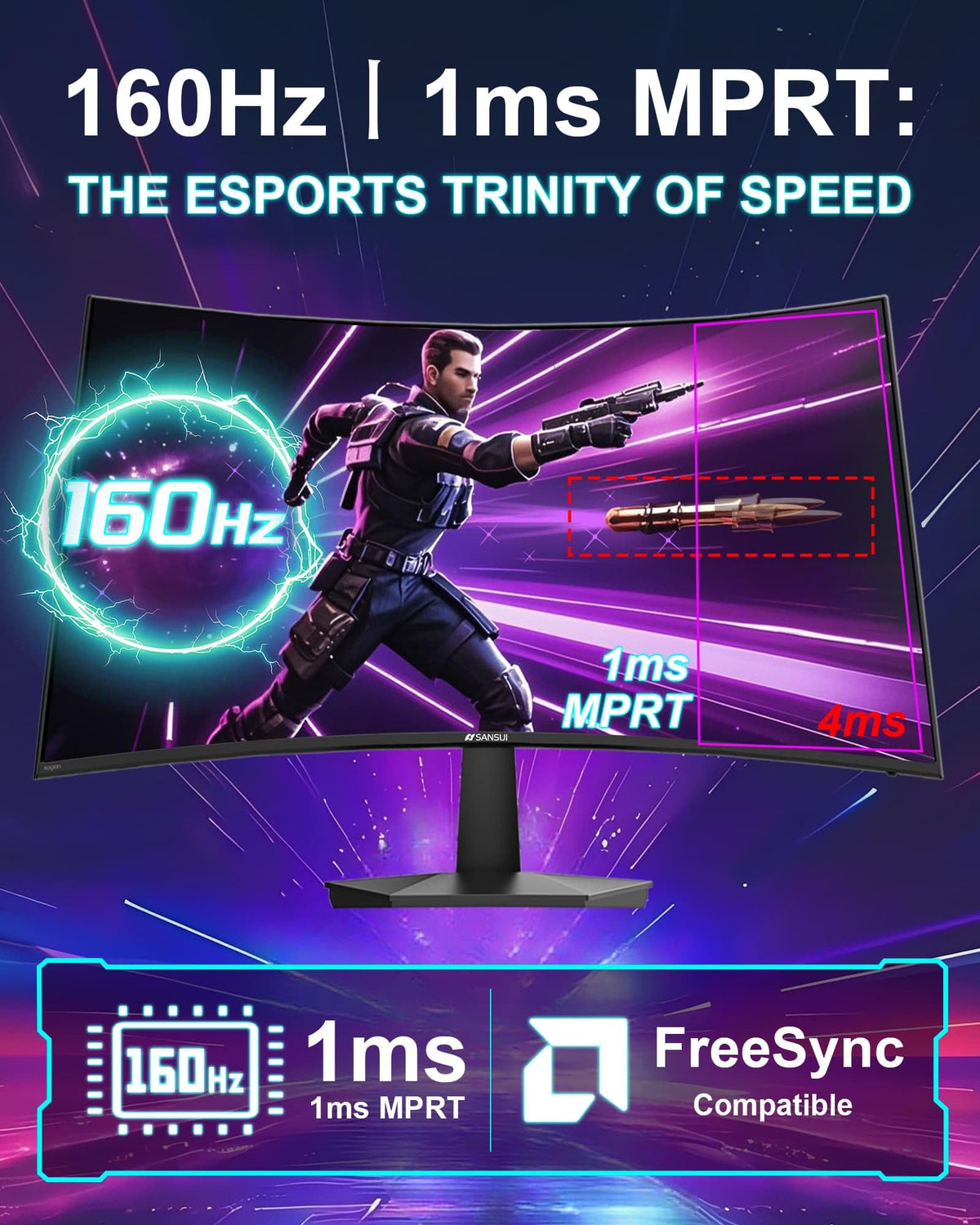 SANSUI 27-inch curved monitor shows crisp motion at 160Hz refresh rate.