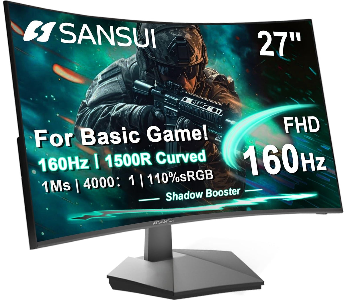 SANSUI 27-inch curved monitor front view for immersive gaming.