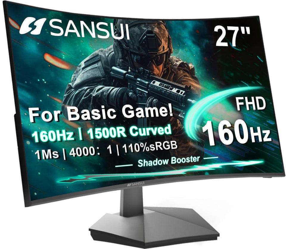SANSUI 27-inch curved monitor front view for immersive gaming.
