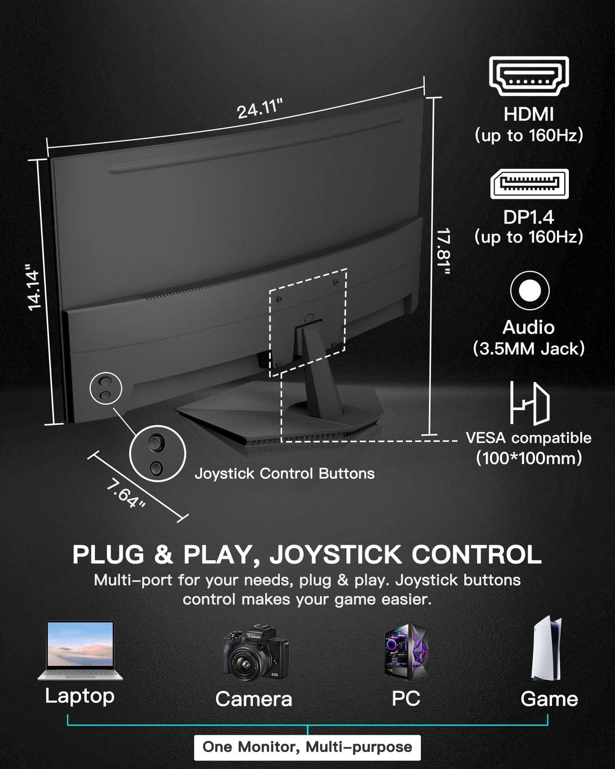 SANSUI 27-inch curved monitor with VESA mount and headphone jack versatility.