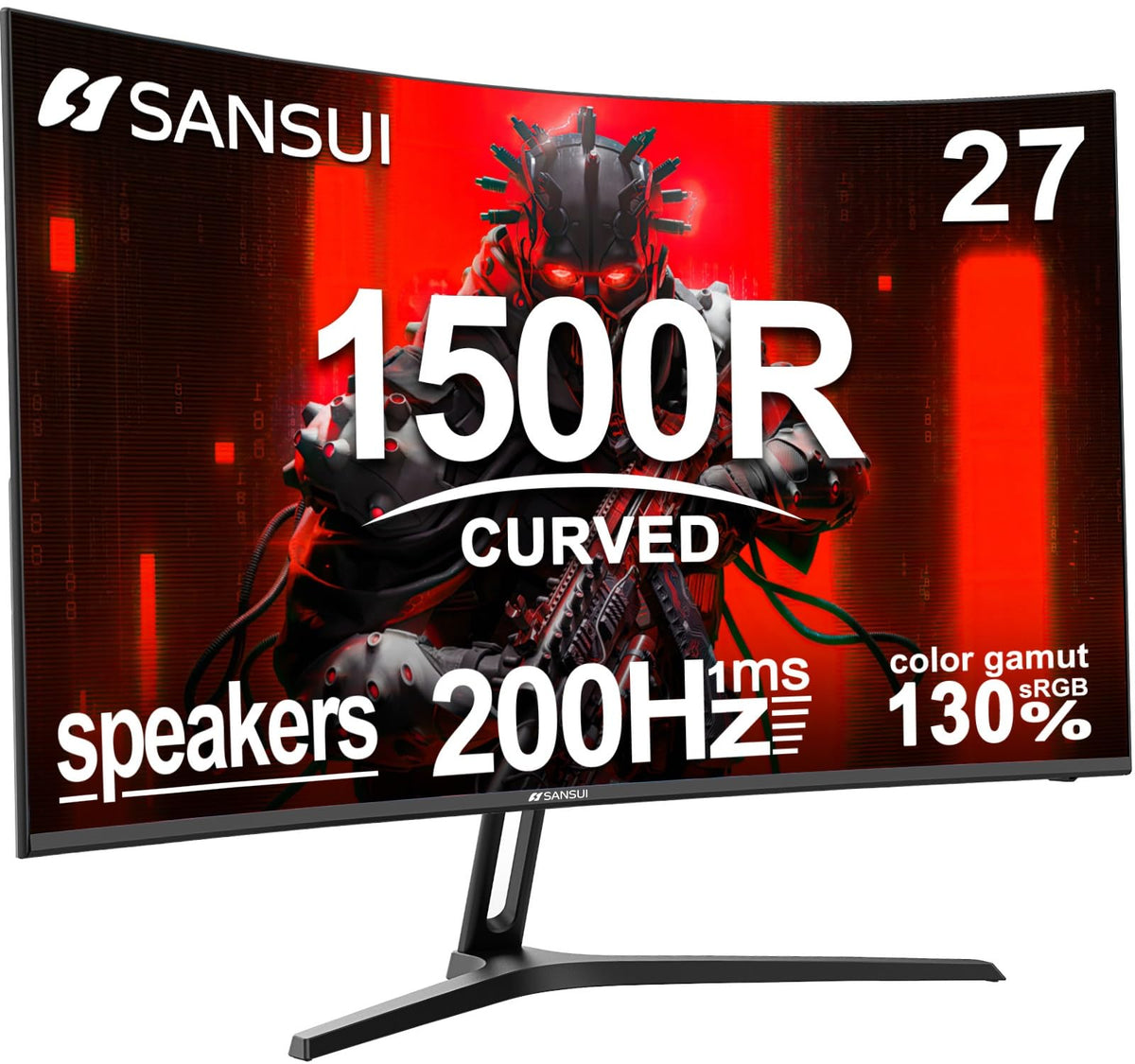 SANSUI 27 inch curved monitor front view showing immersive display for gaming and work
