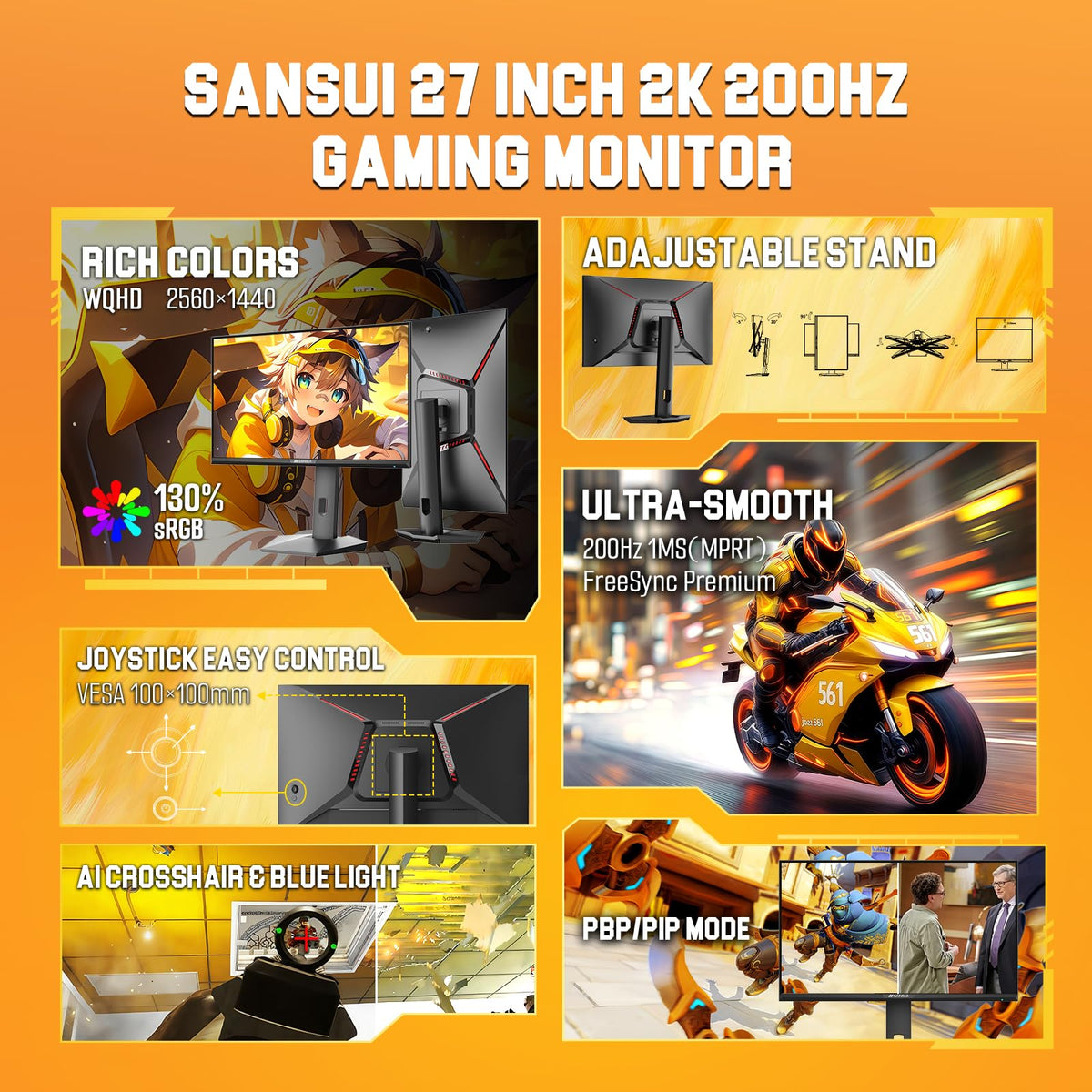 SANSUI 27-inch ErgoStand highlights adjustable height for comfortable long sessions.