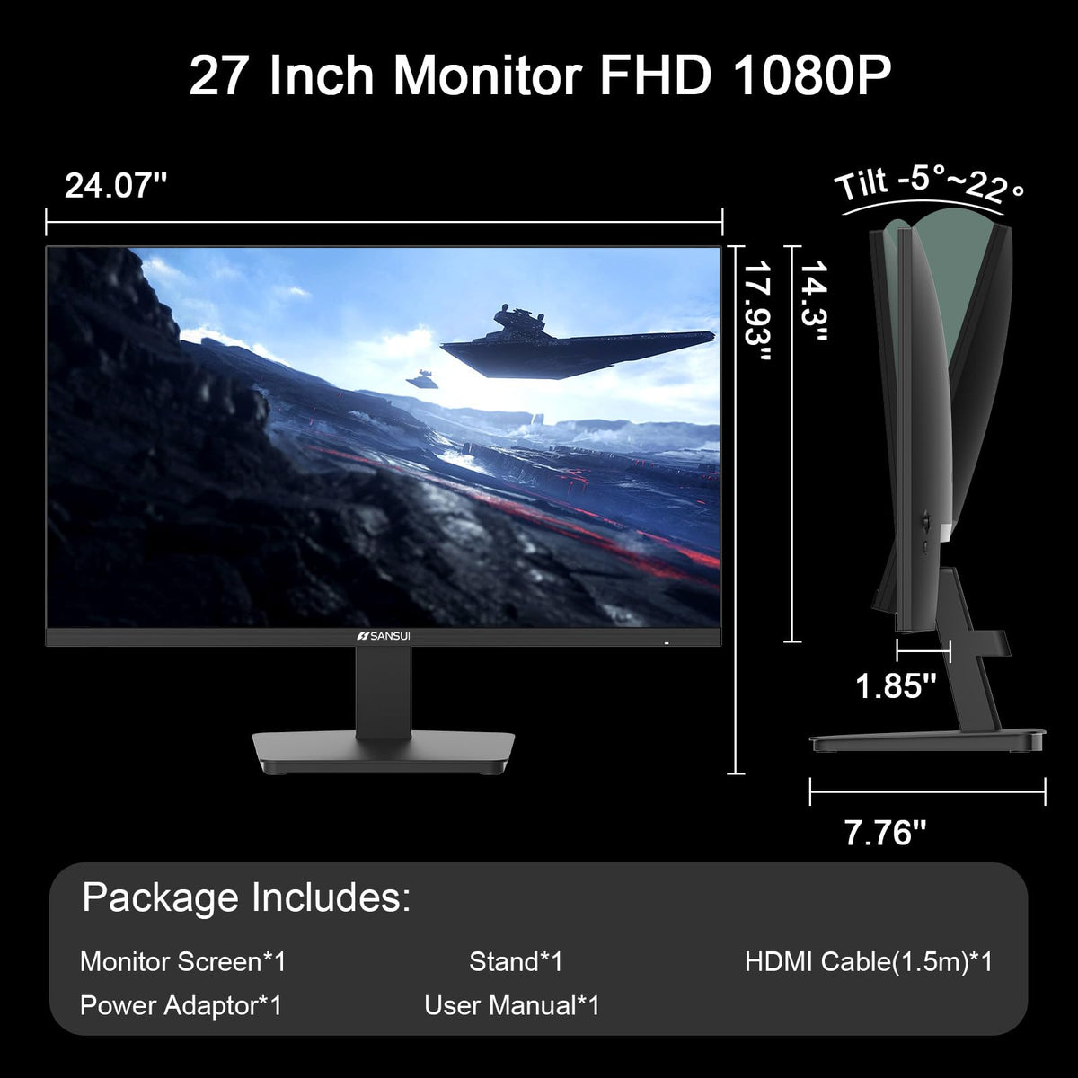 SANSUI 27-Inch IPS Monitor slim bezel for sleek multi-monitor layouts