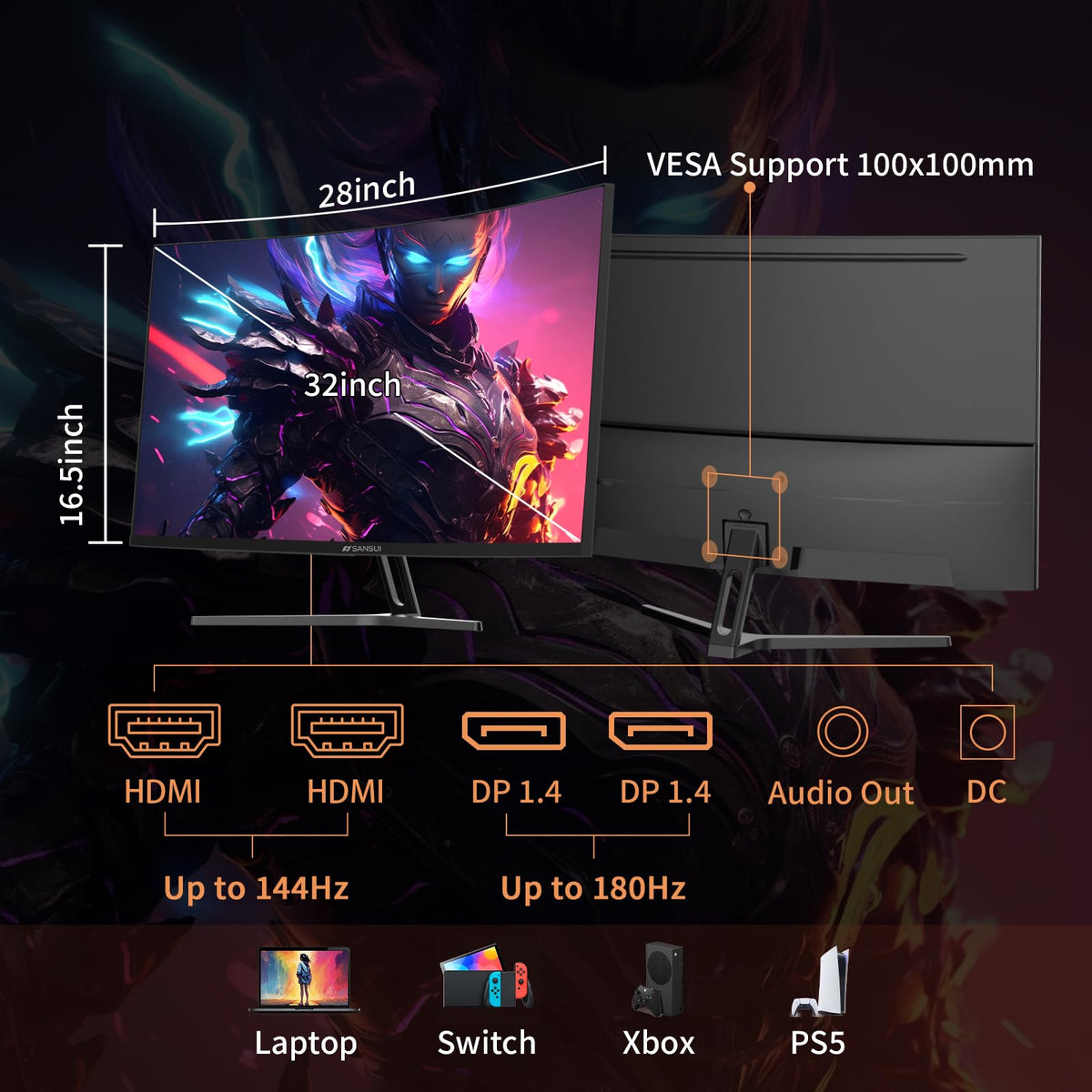 SANSUI ergonomic stand supports tilt for comfortable viewing
