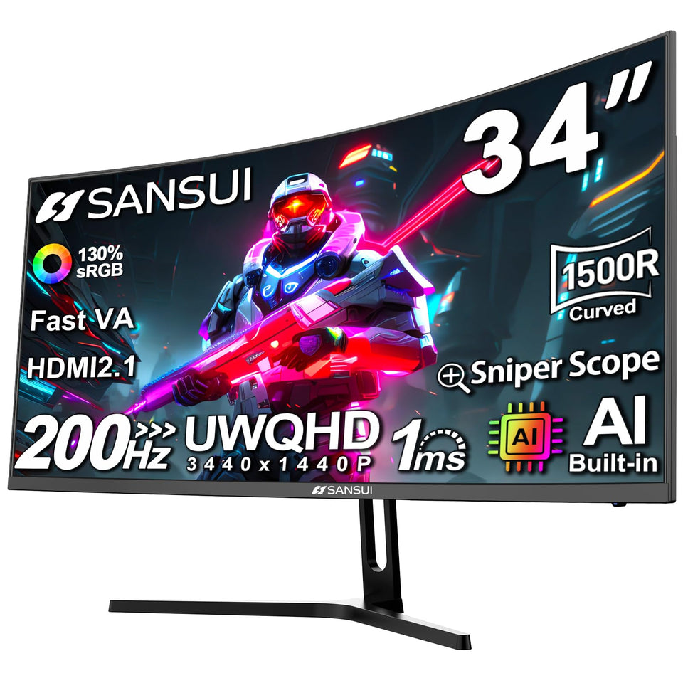 SANSUI 34-inch curved UWQHD monitor delivering immersive ultrawide visuals for gaming.