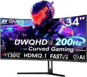 SANSUI curved 34-inch UWQHD display delivers immersive gaming visuals.