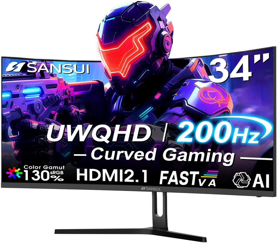 SANSUI curved 34-inch UWQHD display delivers immersive gaming visuals.
