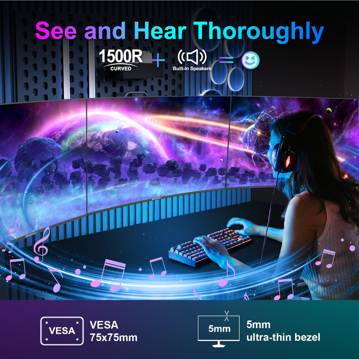 SANSUI 24-inch curved monitor with built-in speakers supports easy multimedia playback.