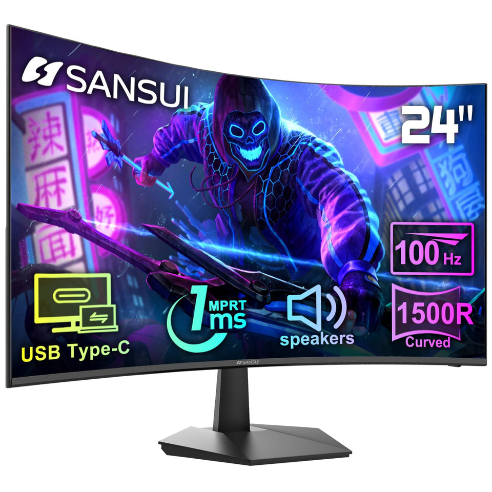 SANSUI 24-inch curved monitor front view offers immersive visuals for gaming and productivity.