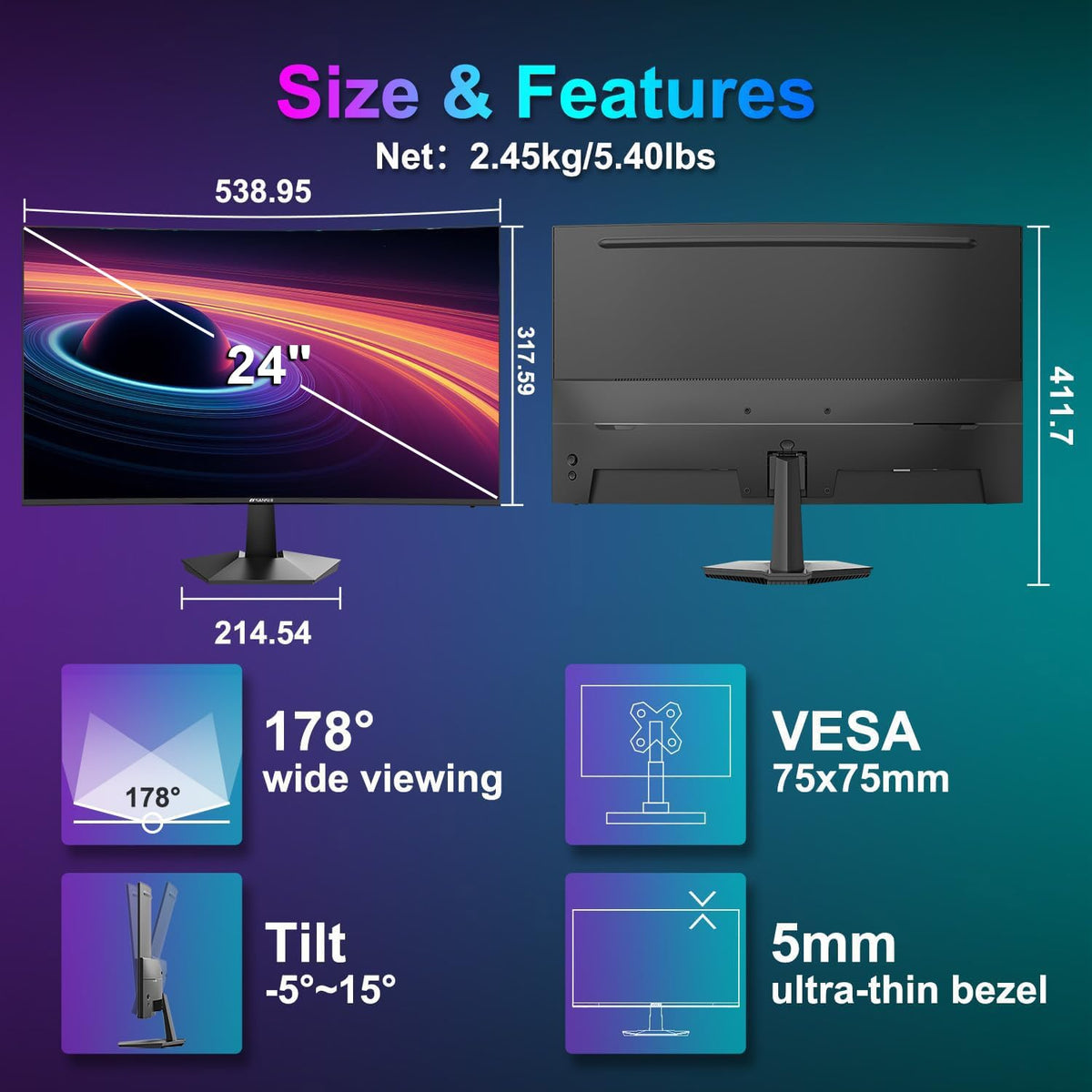 SANSUI 24-inch monitor with ultra-thin bezel maximizes screen space.