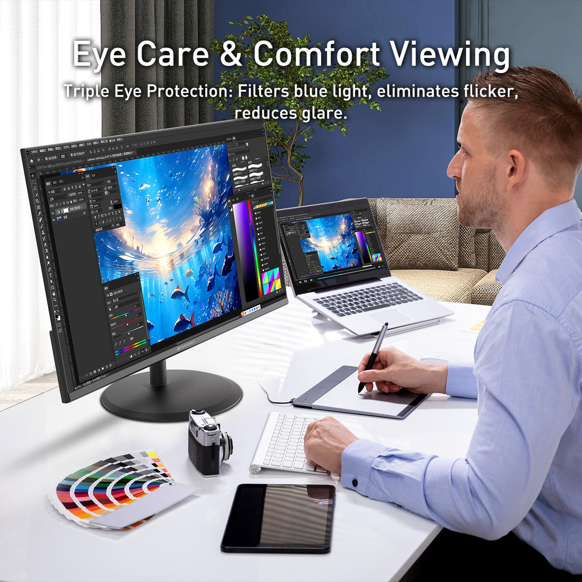 VESA mount and ergonomic tilt improve desk setup