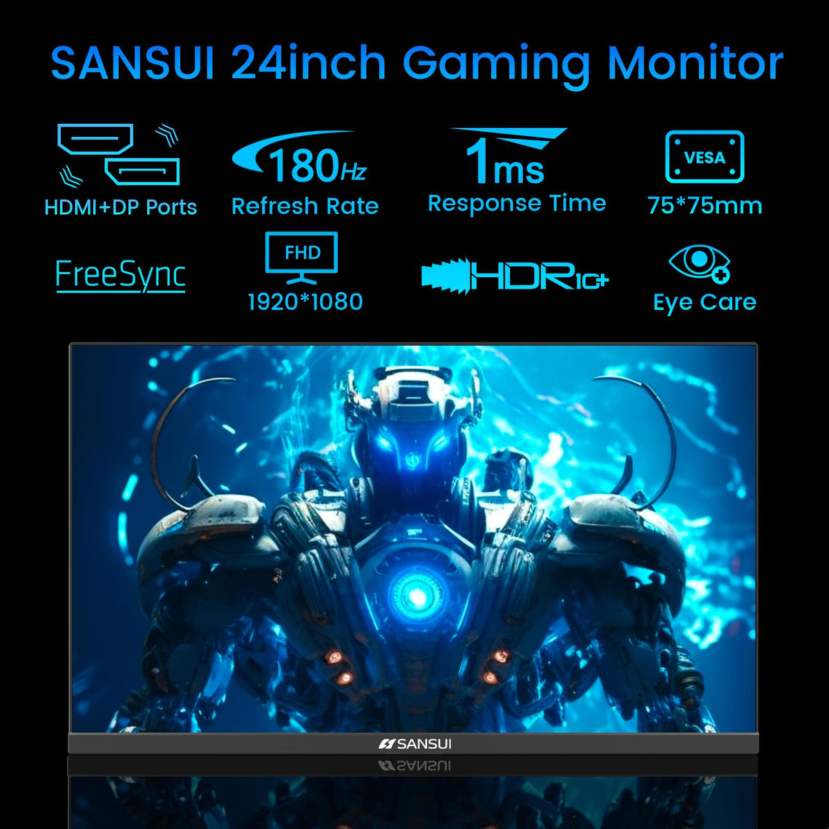 SANSUI ES-G24F4 side profile highlights slim chassis for compact setups.