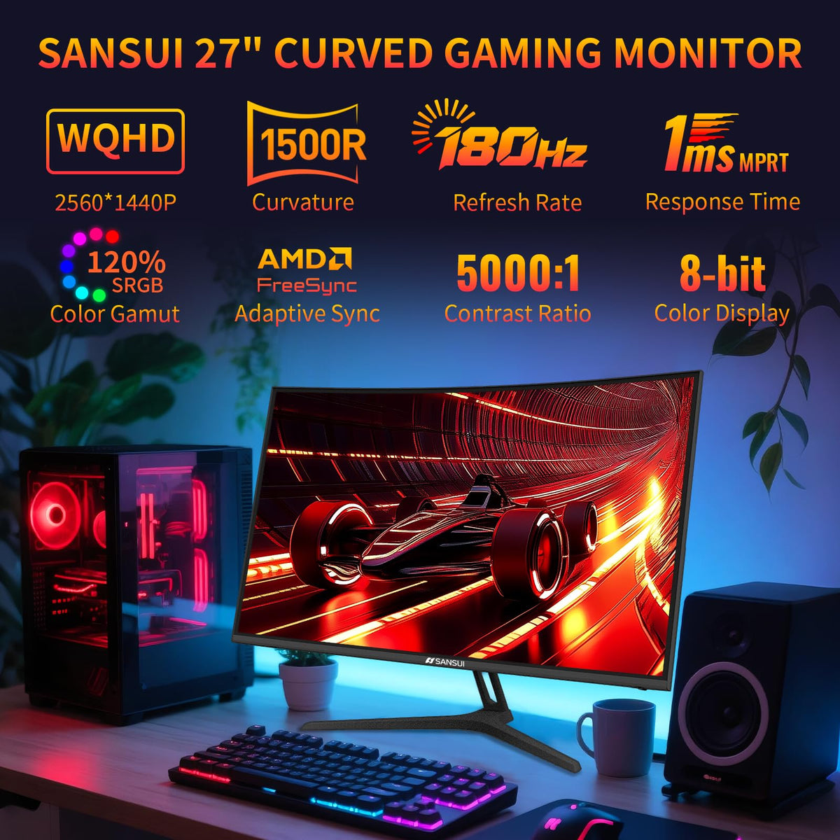 SANSUI G27C1Q side angle highlights 1500R curvature for wrapped-screen immersion.