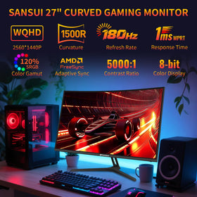 SANSUI G27C1Q side angle highlights 1500R curvature for wrapped-screen immersion.