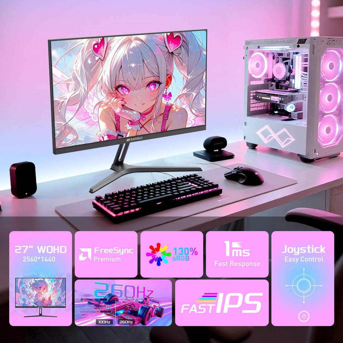 SANSUI 27-inch side bezels emphasize immersive edge-to-edge visuals for fast action.
