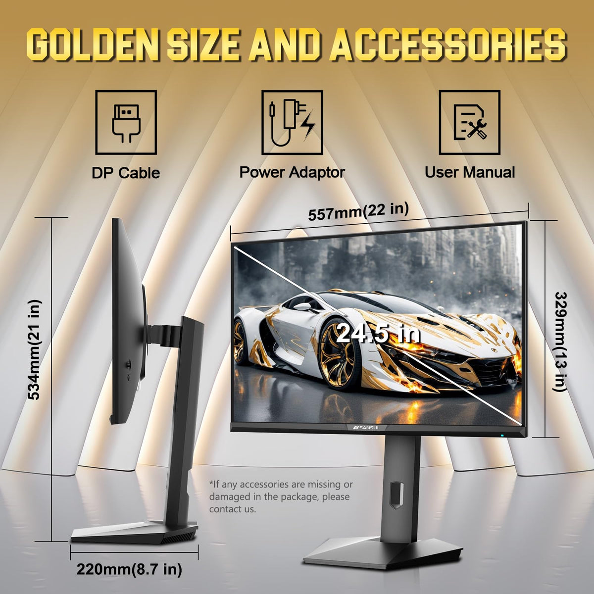 SANSUI monitor includes DP cable for quick, ready-to-use setup