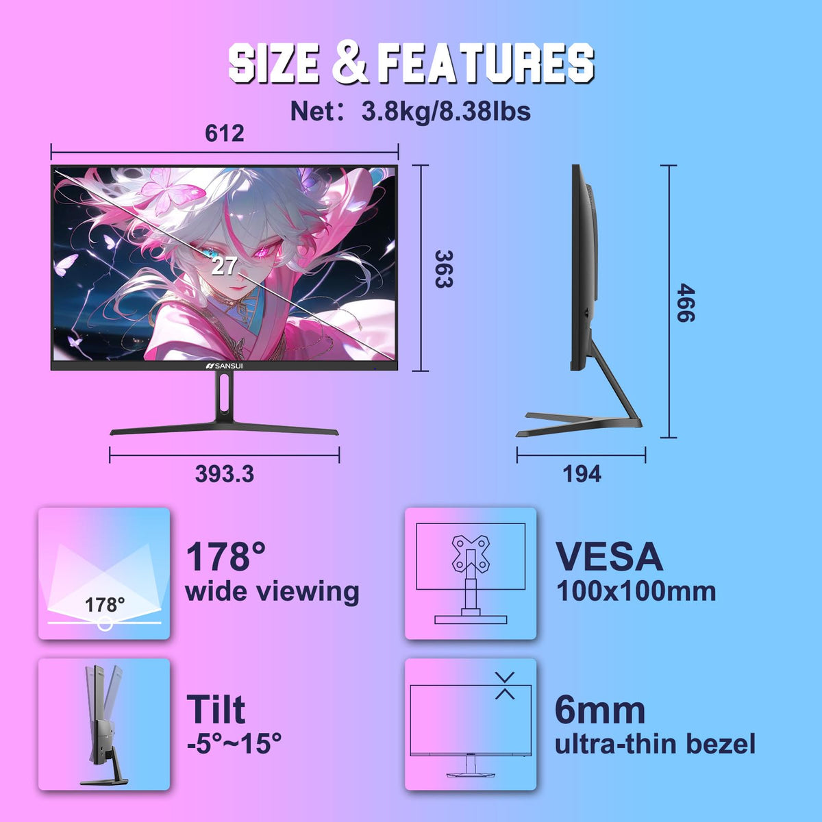 SANSUI tilt stand and VESA compatibility support ergonomic desk arrangements.