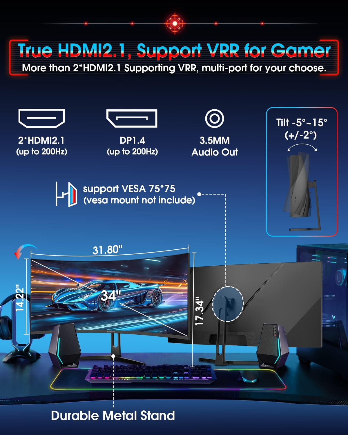 SANSUI HDMI 2.1 cable and headset jack included for easy setup.