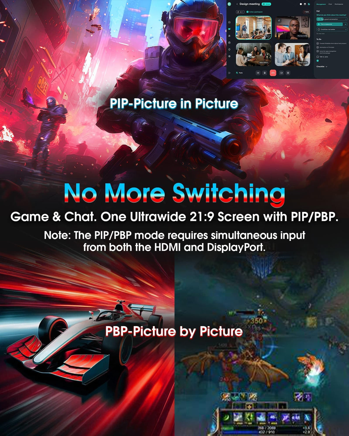 SANSUI PIP/PBP multitask mode lets game and chat side by side.