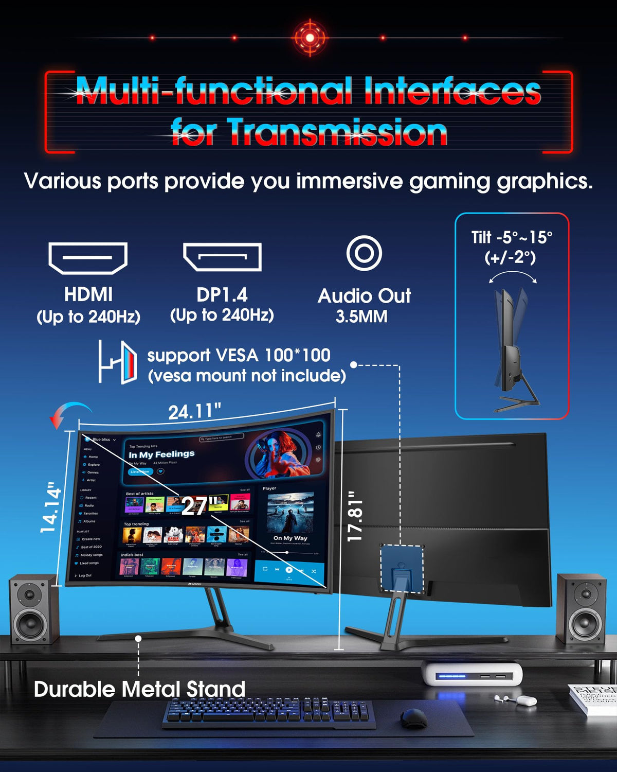 SANSUI VESA-compatible mount allows versatile wall or desk setups