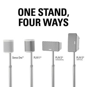 Sanus adjustable height speaker stand for Play:3 highlights tall setup and cable routing.