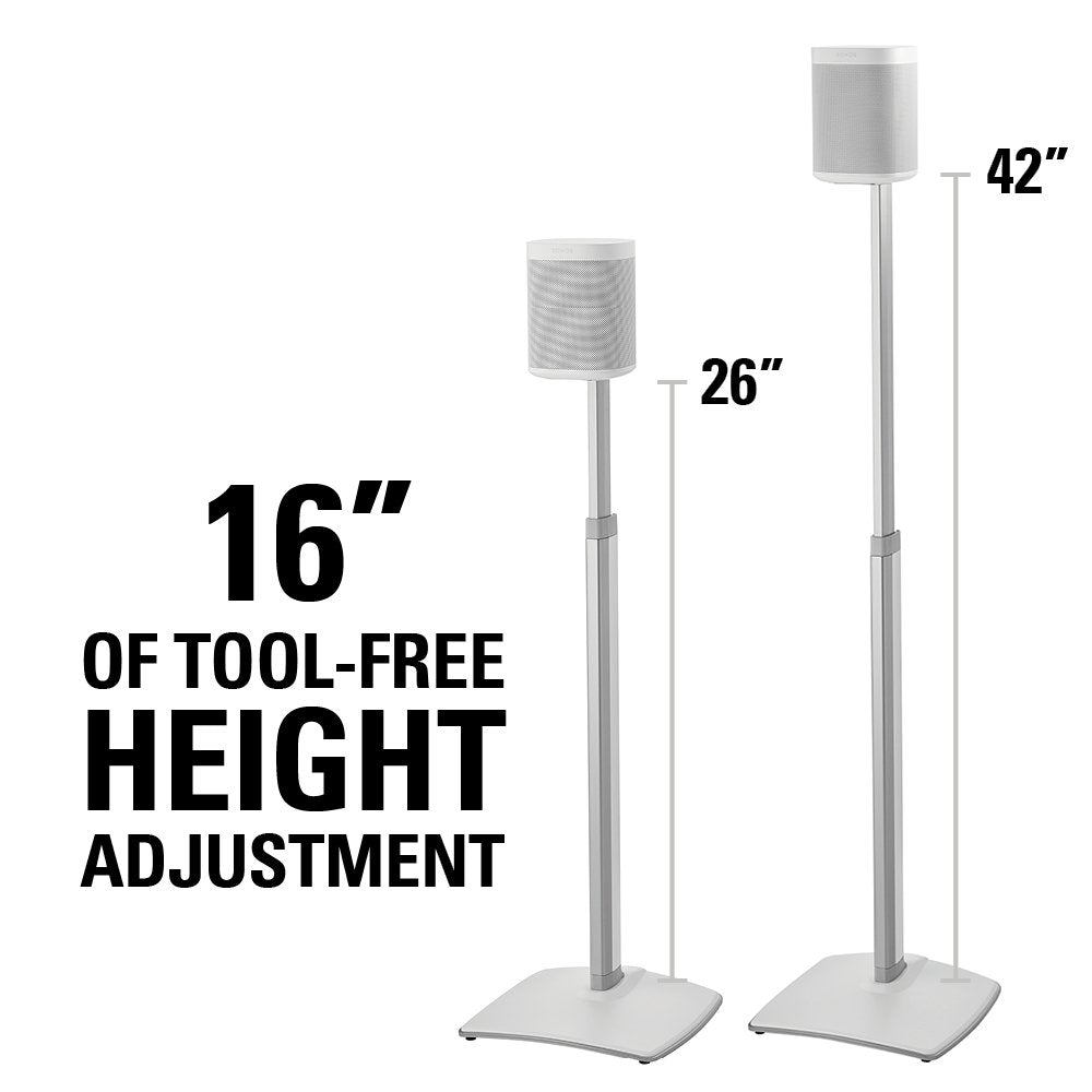 Sanus adjustable height speaker stand for Sonos One SL demonstrates flexible height for balanced stereo.