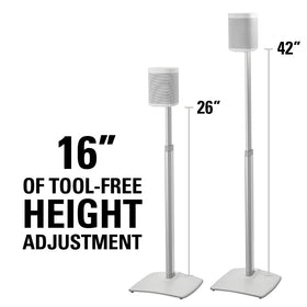 Sanus adjustable height speaker stand for Sonos One SL demonstrates flexible height for balanced stereo.