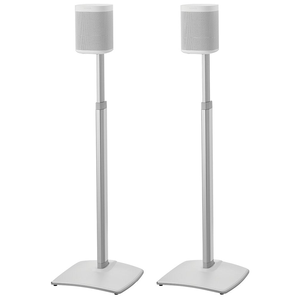 Sanus adjustable height speaker stand for Sonos One showing ideal listening height.