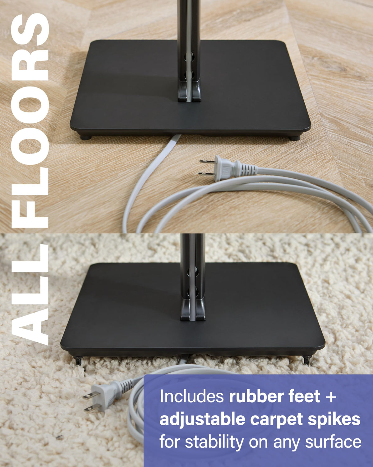 Sanus carpet spikes and hard-floor feet provide secure stability on surfaces