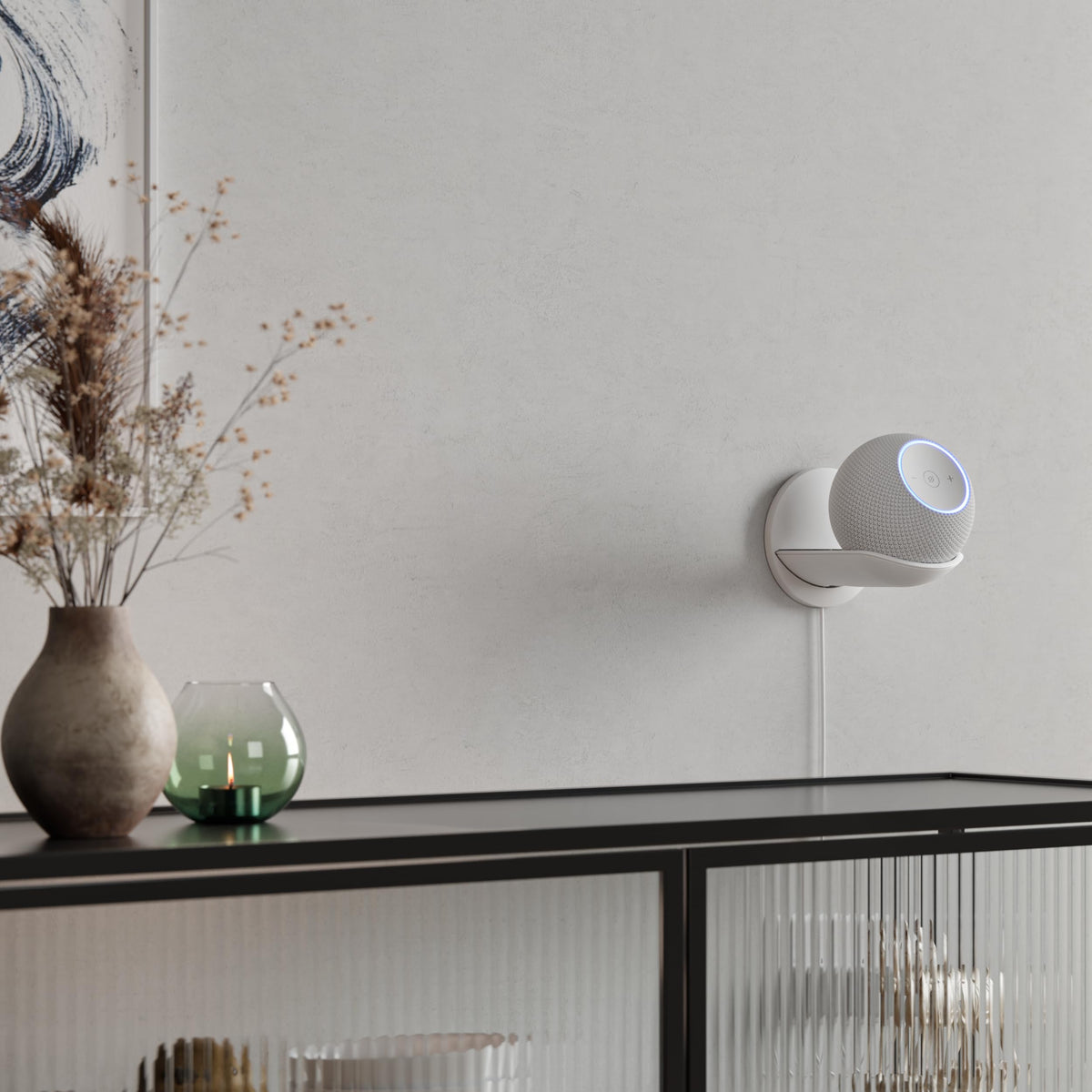 Sanus close-up of bracket fit showing secure Echo Dot Max attachment benefit