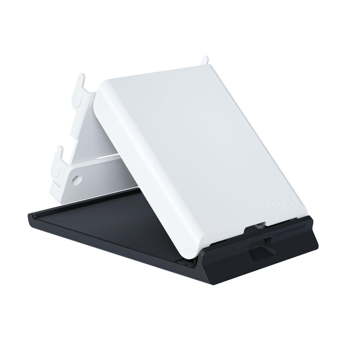 Sanus stand close-up of hidden cable channel for cleaner desk appearance