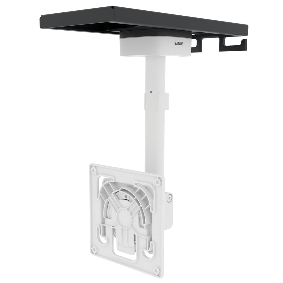 SANUS front view of under-cabinet mount showing secure Echo Show 15 installation and space-saving benefit
