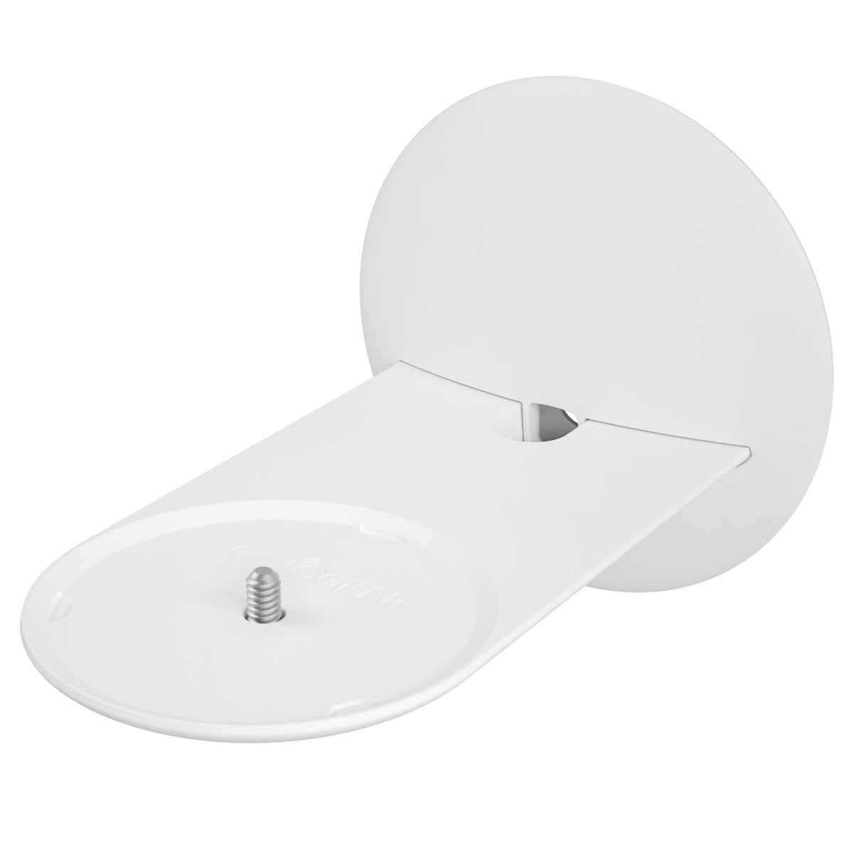Sanus wall mount holding Echo Studio front view showing neat space-saving benefit