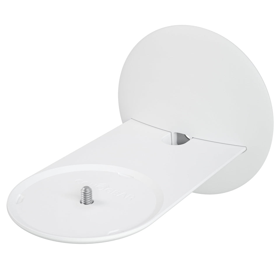 Sanus wall mount holding Echo Studio front view showing neat space-saving benefit