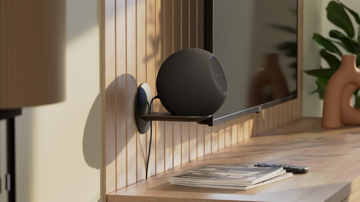 Sanus side profile of mount with Echo Studio, low-profile aesthetic benefit