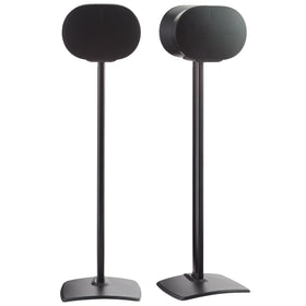 Sanus ERA 300 stand pair in black shows secure adjustable mounting for clean audio setup