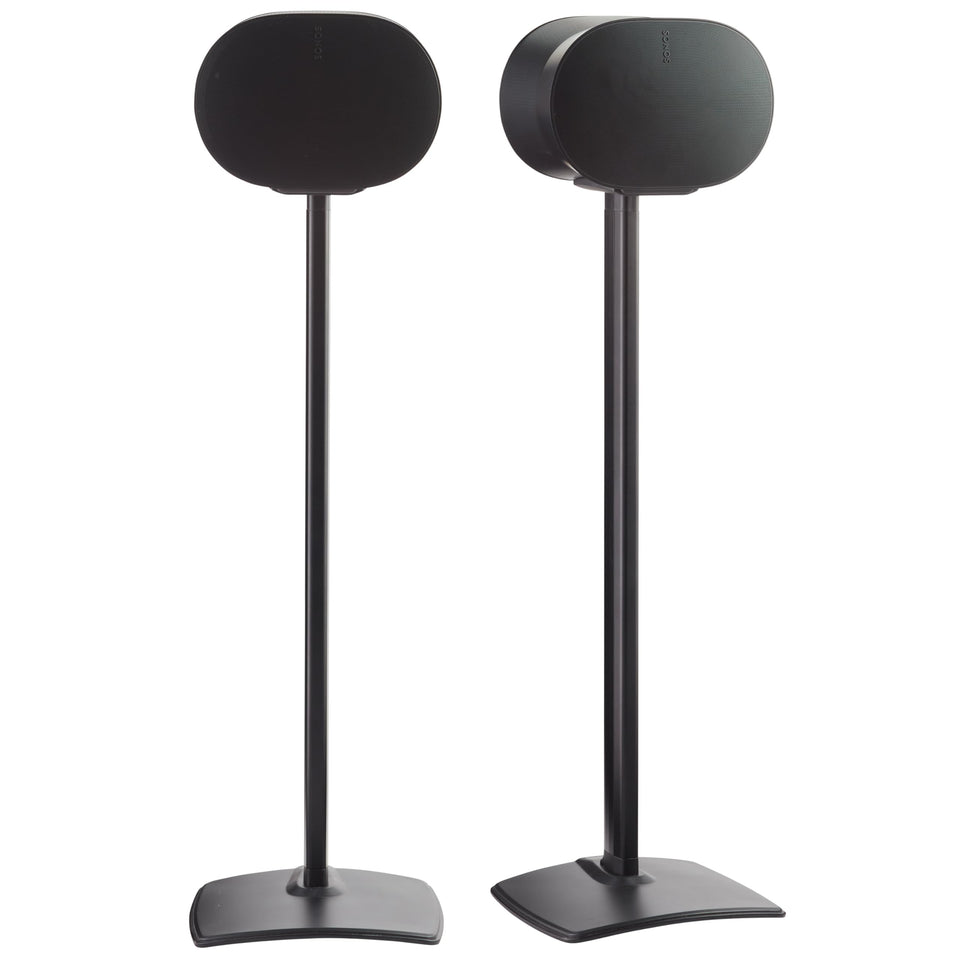 Sanus ERA 300 stand pair in black shows secure adjustable mounting for clean audio setup