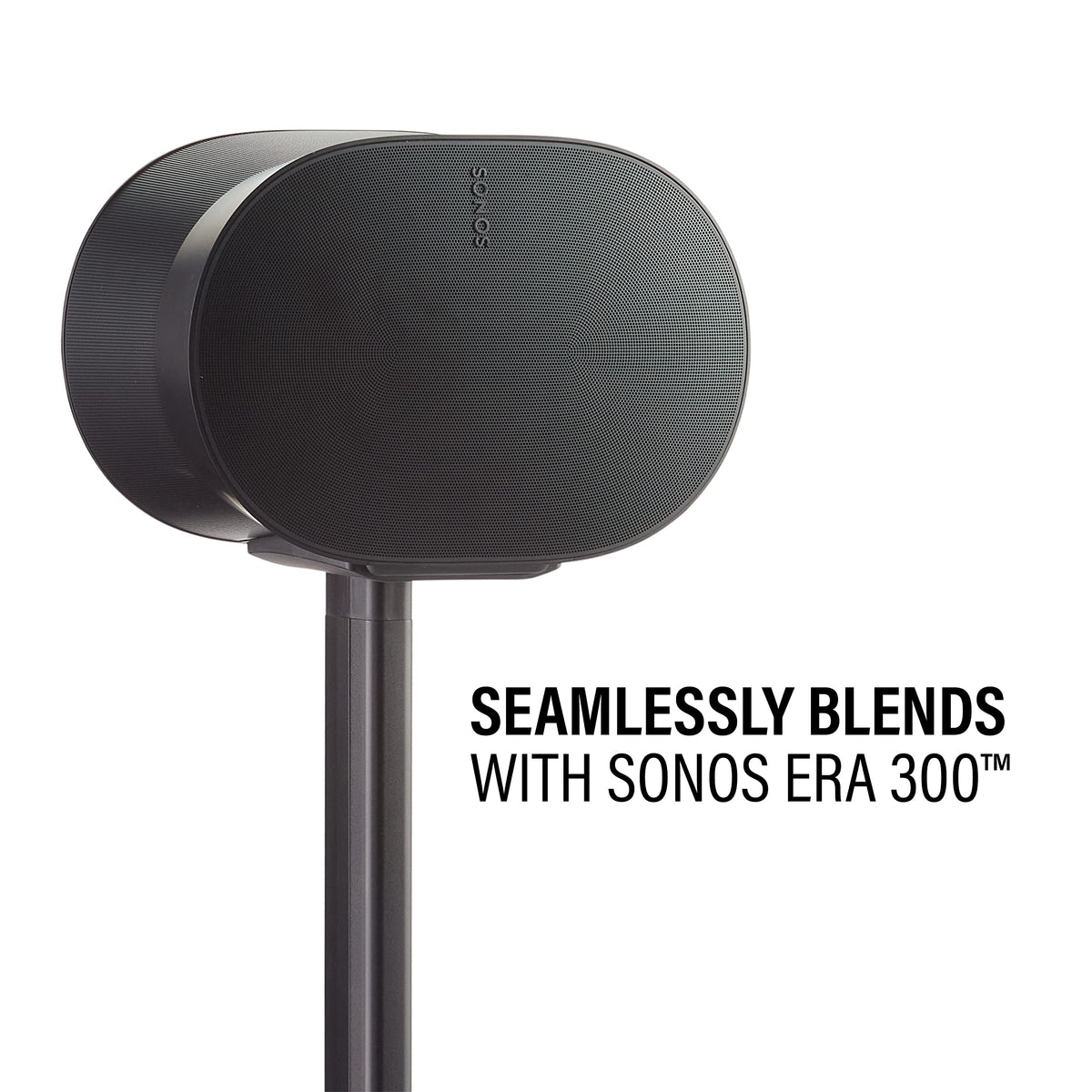 Side view of Sanus ERA 300 stand in black demonstrates compact footprint and corner friendly placement