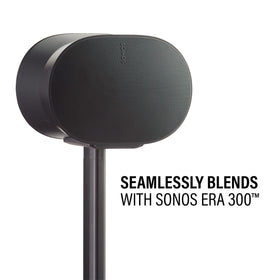 Side view of Sanus ERA 300 stand in black demonstrates compact footprint and corner friendly placement