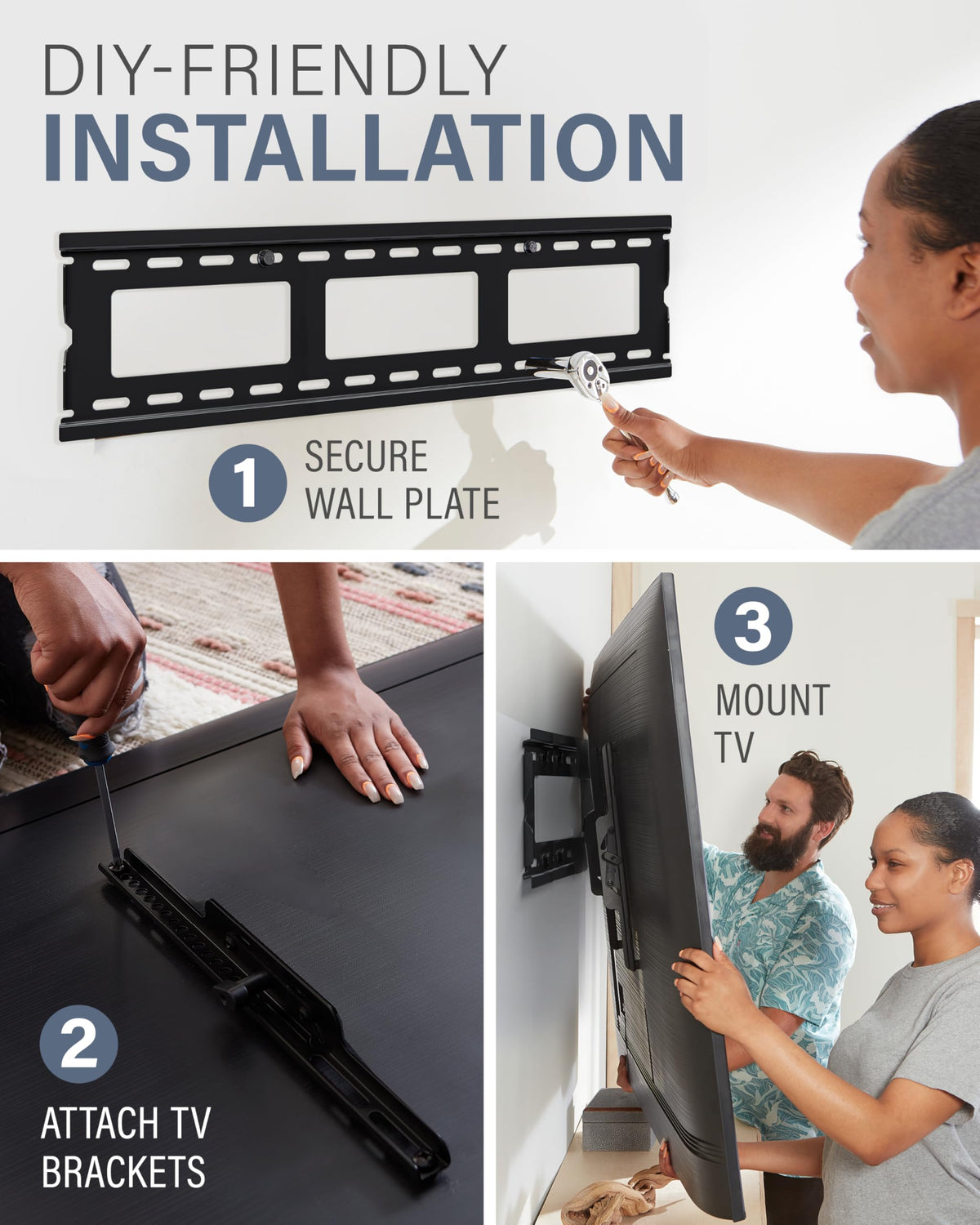 Sanus hardware and template kit showing fast-install convenience benefit